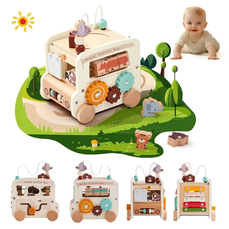 Bus Montessori en Bois Multi-Activités – Jouet Sensoriel & Puzzle Éducatif