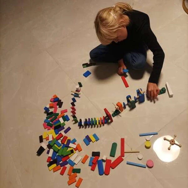 Dominos en bois – Jeu de construction et parcours créatif pour enfant