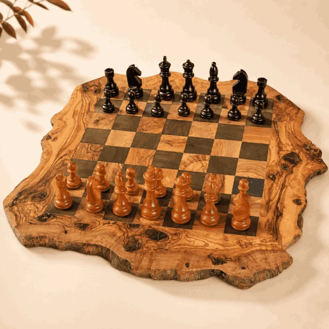 Jeu d’échecs en bois d’olivier massif – 28 cm