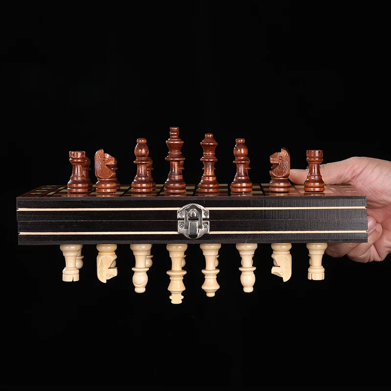 Jeu d’échecs bois magnétique 3 en 1 pliable – Échecs, Dames & Backgammon