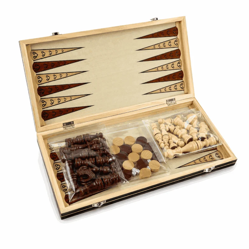Jeu d’échecs bois magnétique 3 en 1 pliable – Échecs, Dames & Backgammon