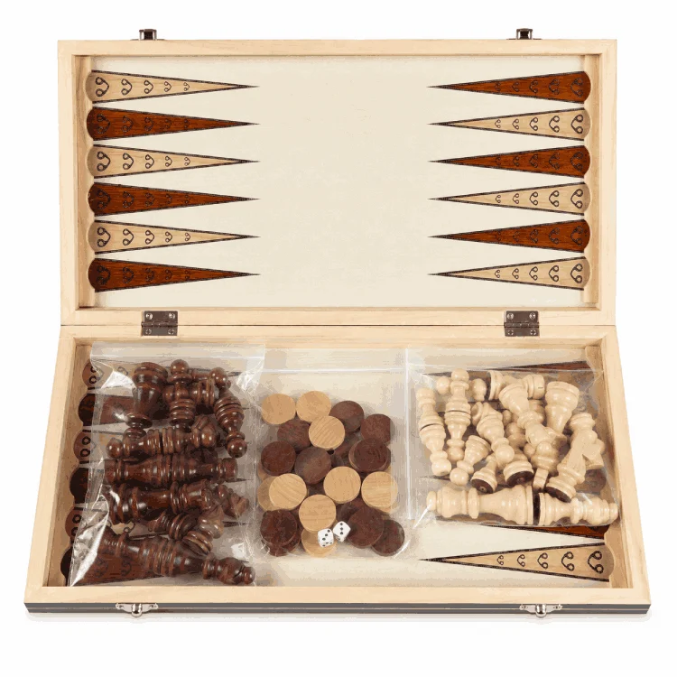 Jeu d’échecs bois magnétique 3 en 1 pliable – Échecs, Dames & Backgammon