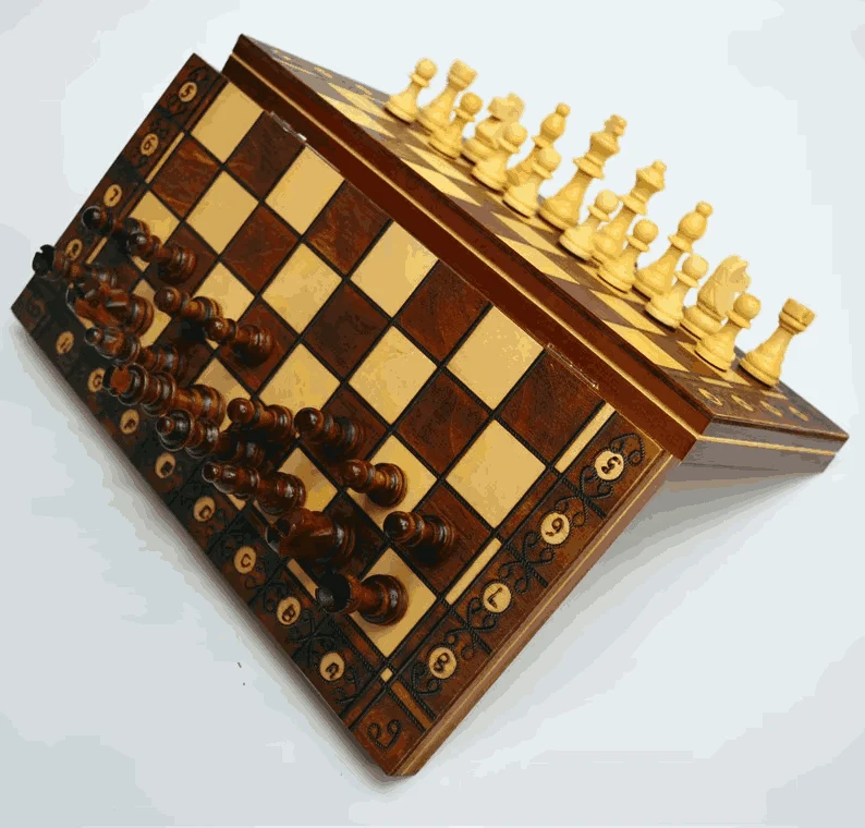 Jeu d’échecs bois magnétique 3 en 1 pliable – Échecs, Dames & Backgammon