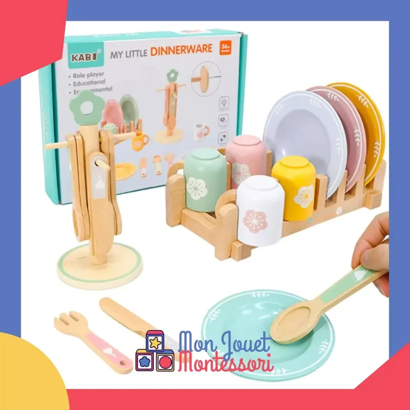 Service de Vaisselle Montessori - Ustensiles de Cuisine en Bois 21 Pièces