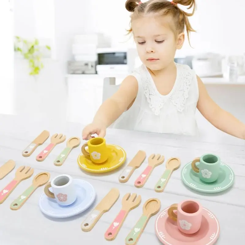 Service de Vaisselle Montessori - Ustensiles de Cuisine en Bois 21 Pièces