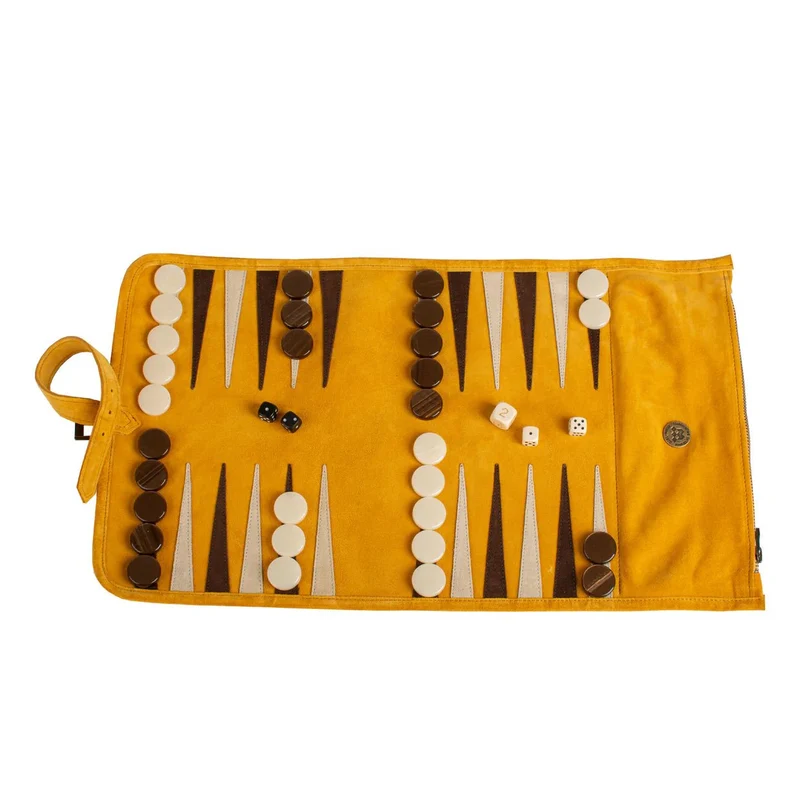 Backgammon de voyage - Roulable - Cuir Velours - Jaune