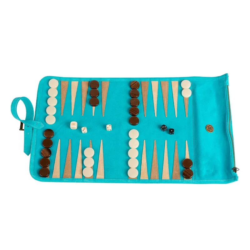 Backgammon de voyage - Roulable - Cuir Velours - Turquoise