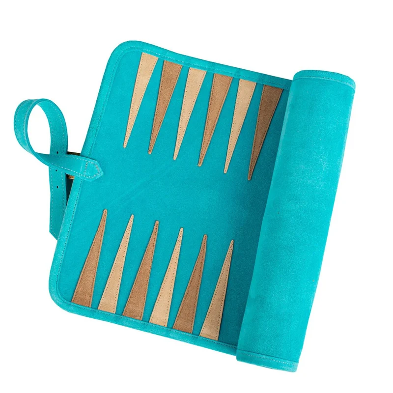 Backgammon de voyage - Roulable - Cuir Velours - Turquoise
