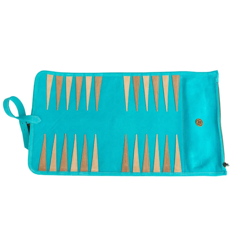 Backgammon de voyage - Roulable - Cuir Velours - Turquoise