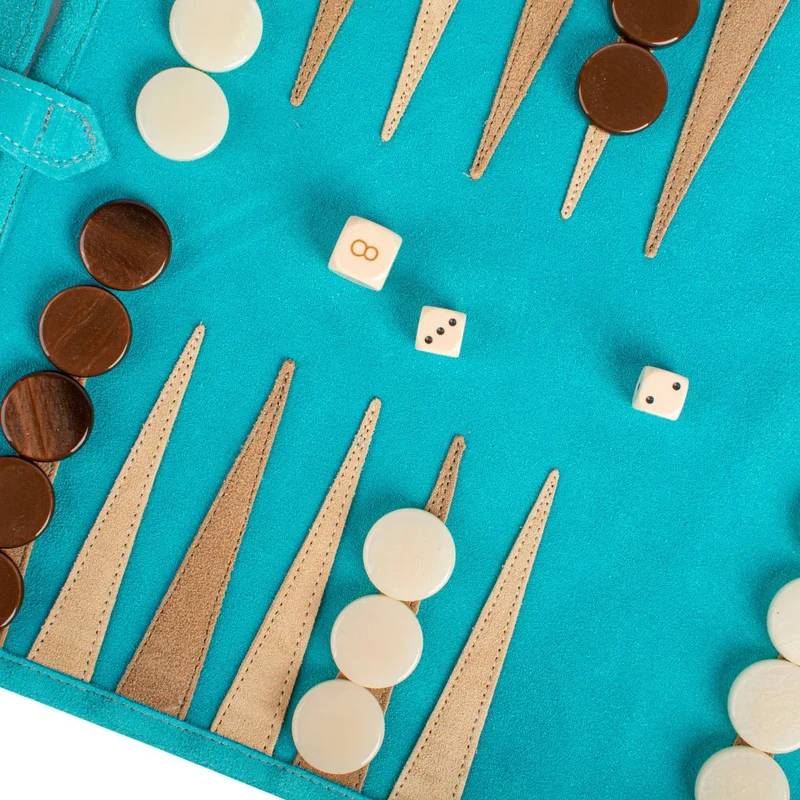 Backgammon de voyage - Roulable - Cuir Velours - Turquoise