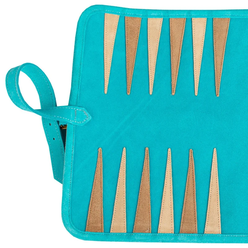Backgammon de voyage - Roulable - Cuir Velours - Turquoise