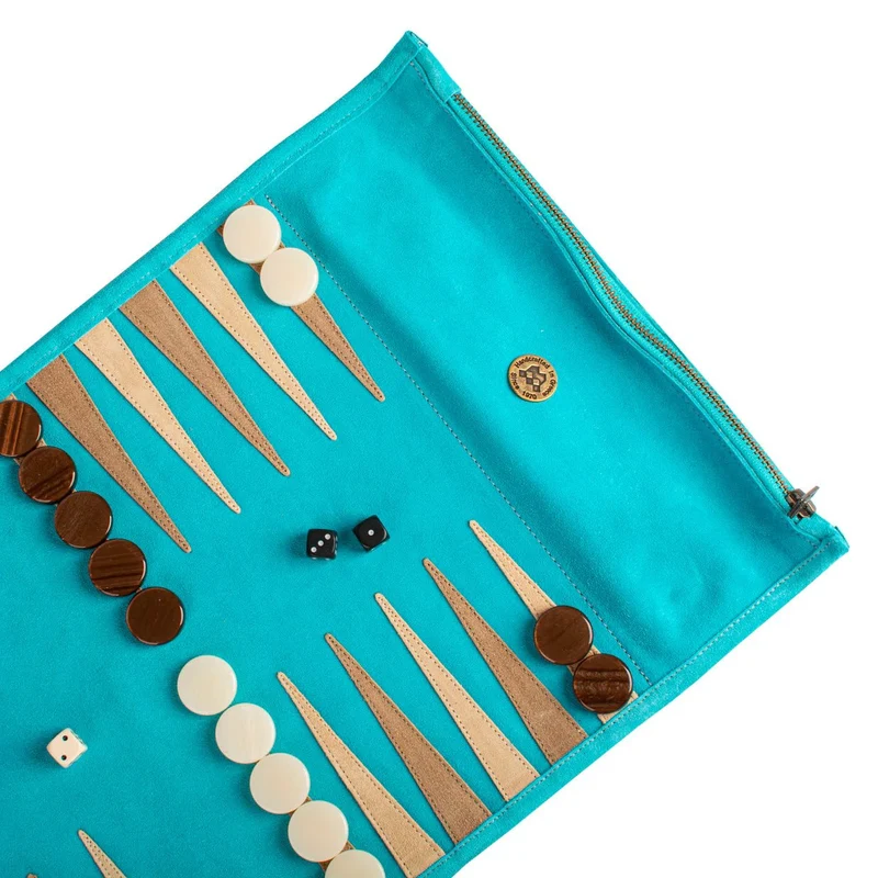 Backgammon de voyage - Roulable - Cuir Velours - Turquoise