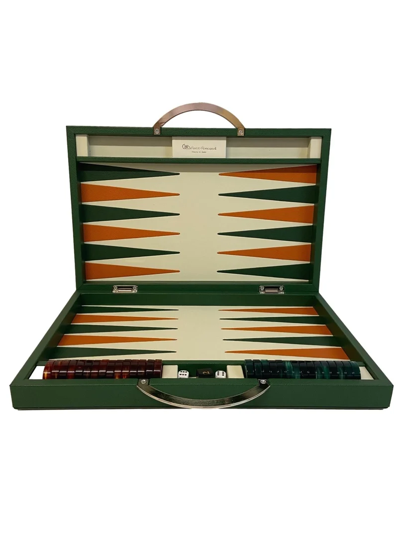 Backgammon Cuir véritable GM - Vert / Orange - Renzo Romagnoli