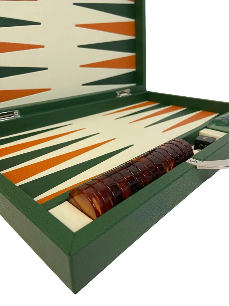 Backgammon Cuir véritable GM - Vert / Orange - Renzo Romagnoli