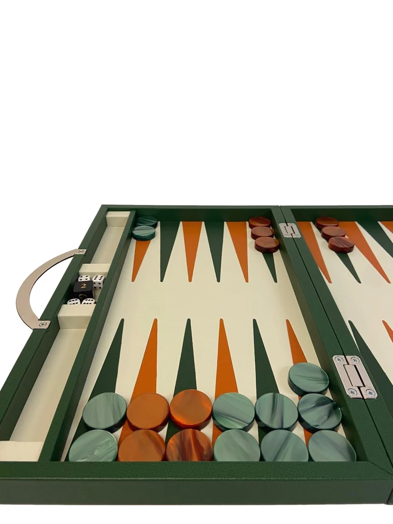 Backgammon Cuir véritable GM - Vert / Orange - Renzo Romagnoli