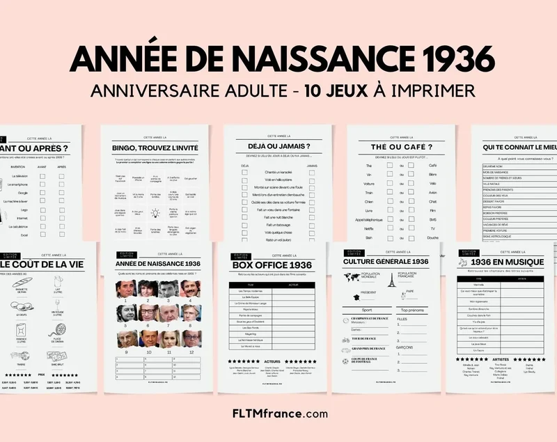 Jeu anniversaire année 1936 - 10 jeux à imprimer pour fêter les 90 ans