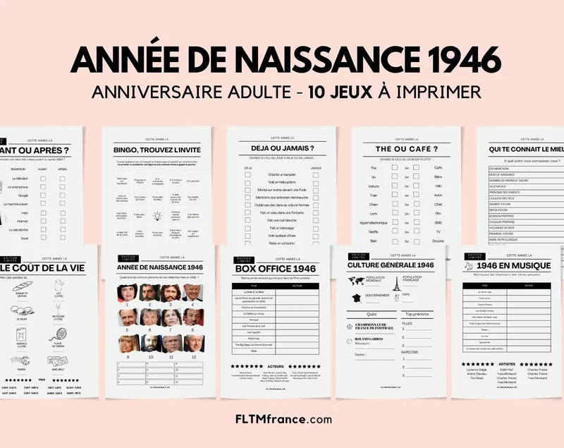 Jeu anniversaire année 1946 - 10 jeux à imprimer pour fêter les 80 ans