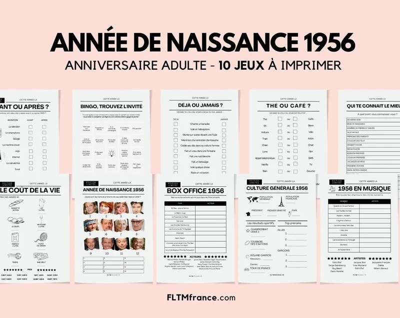 Jeu anniversaire année 1956 - 10 jeux à imprimer pour fêter les 70 ans