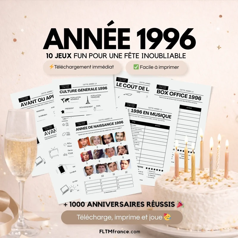 Jeu anniversaire année 1996 - 10 jeux à imprimer pour fêter les 30 ans