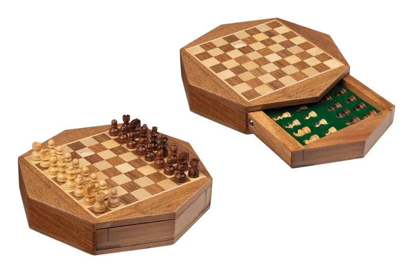 Jeu d'échecs octogonal en Acacia et Buis - Coffre tiroir - Magnétique