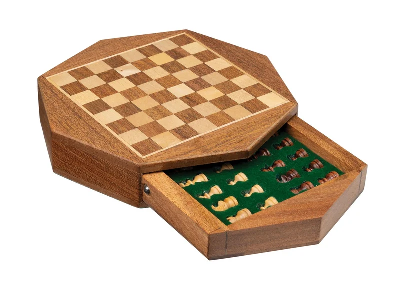 Jeu d'échecs octogonal en Acacia et Buis - Coffre tiroir - Magnétique