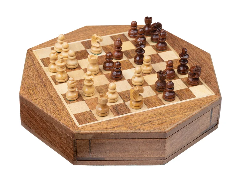 Jeu d'échecs octogonal en Acacia et Buis - Coffre tiroir - Magnétique