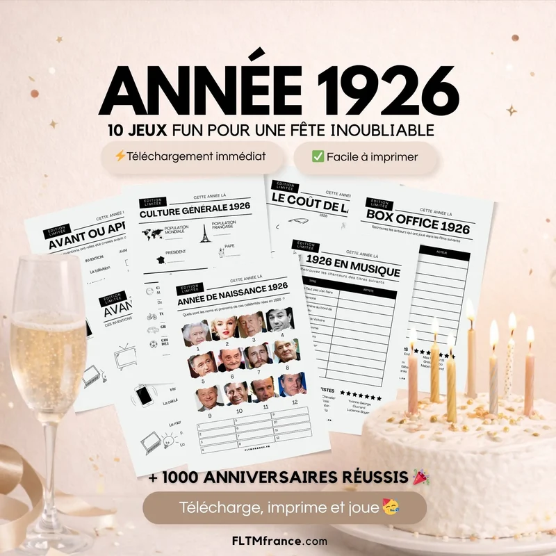 Jeu anniversaire année 1926 - 10 jeux à imprimer pour fêter les 100 ans
