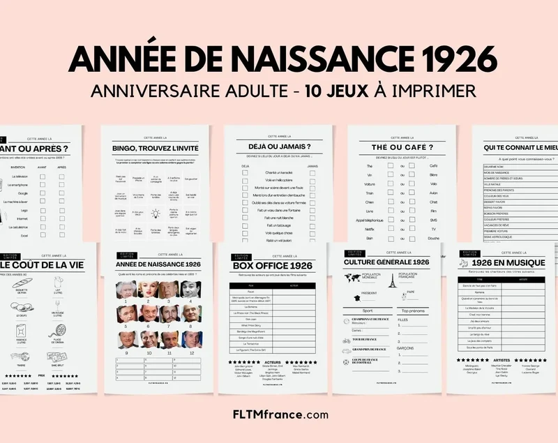 Jeu anniversaire année 1926 - 10 jeux à imprimer pour fêter les 100 ans