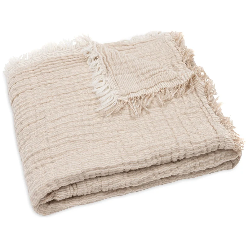 Couverture gaze de coton Fringe Stripe Biscuit Ivory