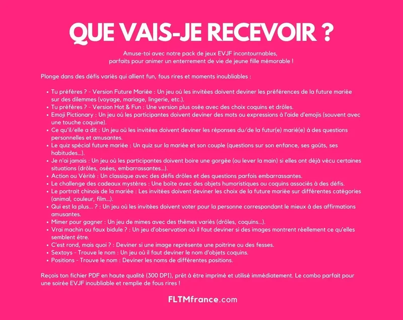 Jeux EVJF - Pack de 15 jeux pour enterrement de vie de jeune fille