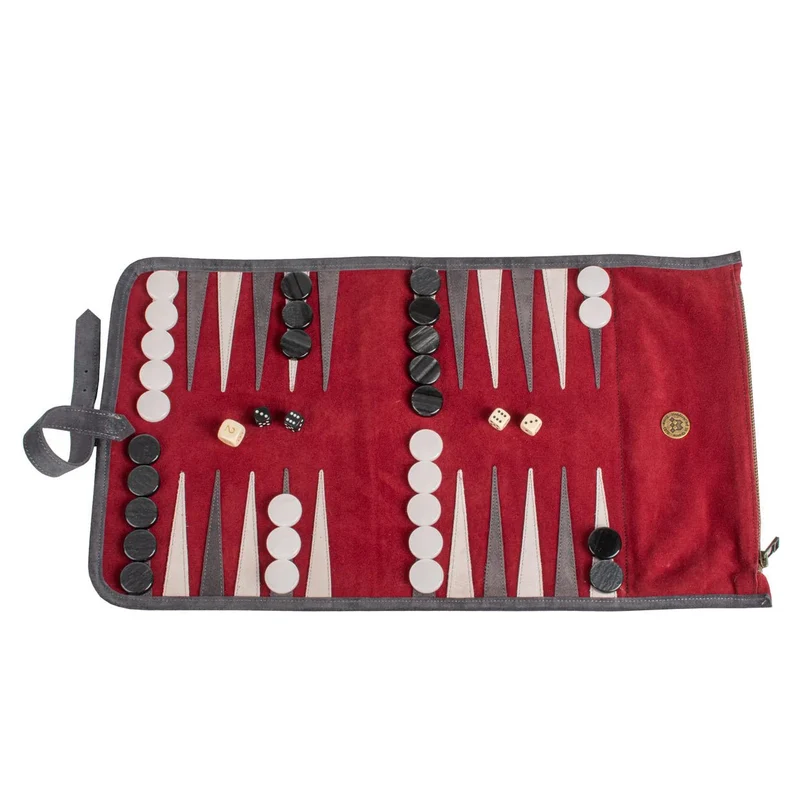 Backgammon de voyage - Roulable - Cuir Velours - Rouge