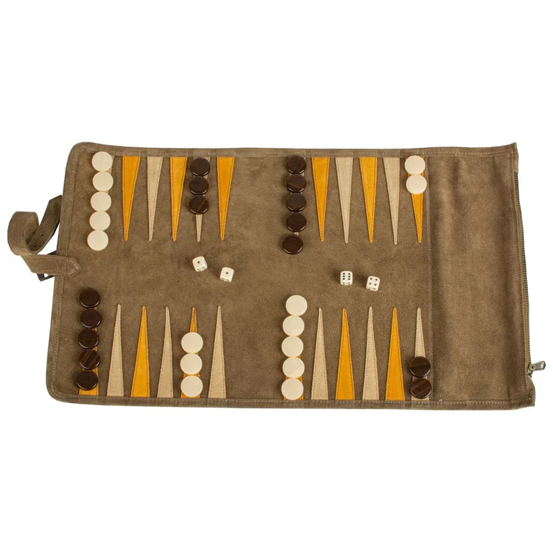 Backgammon de voyage - Roulable - Cuir Velours - Kaki