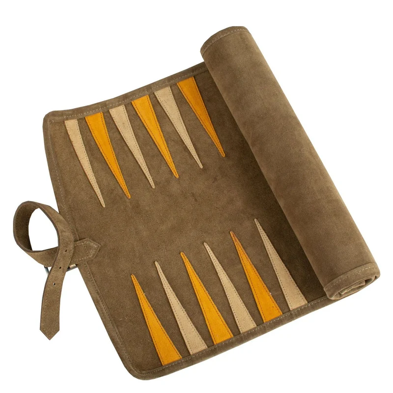 Backgammon de voyage - Roulable - Cuir Velours - Kaki