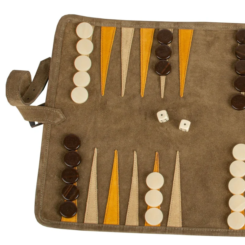 Backgammon de voyage - Roulable - Cuir Velours - Kaki