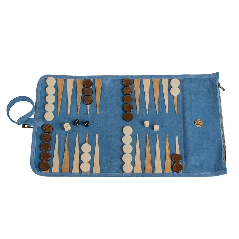 Backgammon de voyage - Roulable - Cuir Velours - Bleu