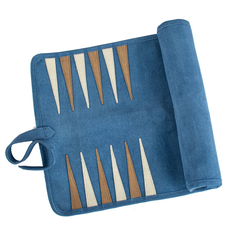 Backgammon de voyage - Roulable - Cuir Velours - Bleu