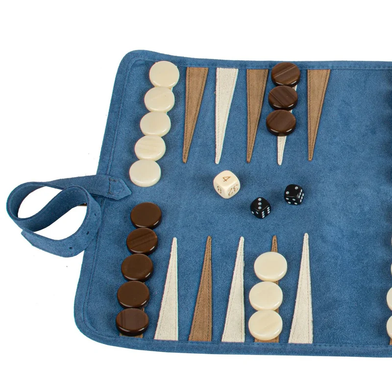 Backgammon de voyage - Roulable - Cuir Velours - Bleu