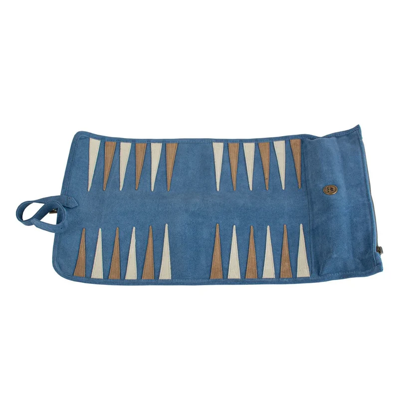 Backgammon de voyage - Roulable - Cuir Velours - Bleu