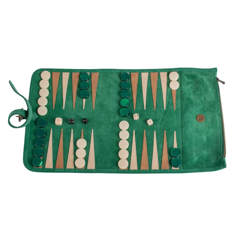 Backgammon de voyage - Roulable - Cuir Velours - Vert