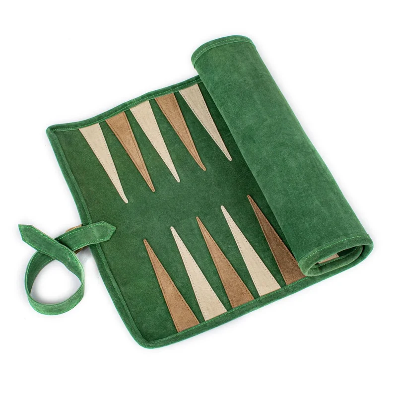 Backgammon de voyage - Roulable - Cuir Velours - Vert