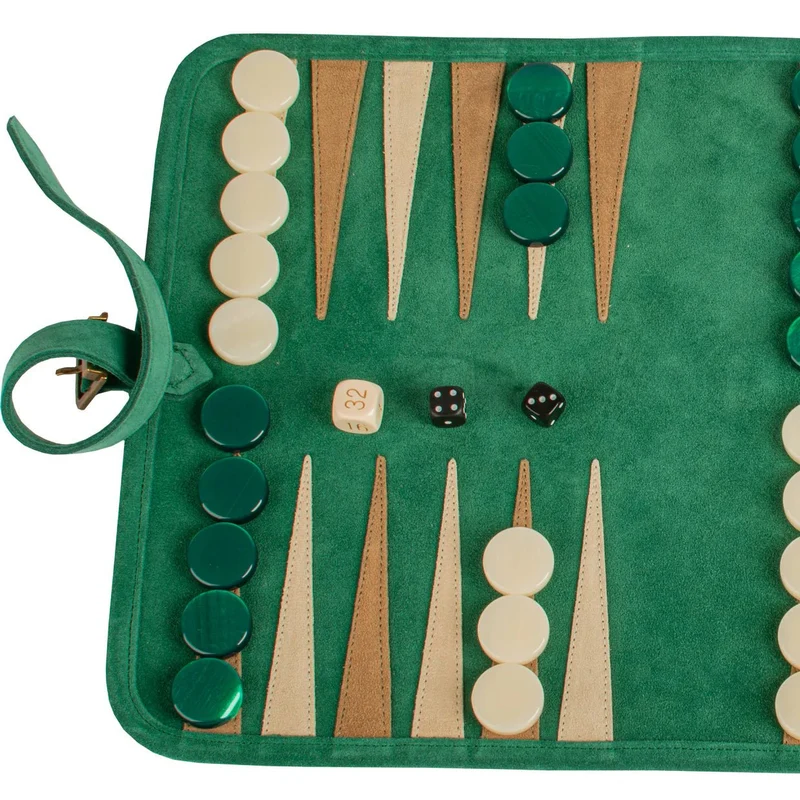 Backgammon de voyage - Roulable - Cuir Velours - Vert
