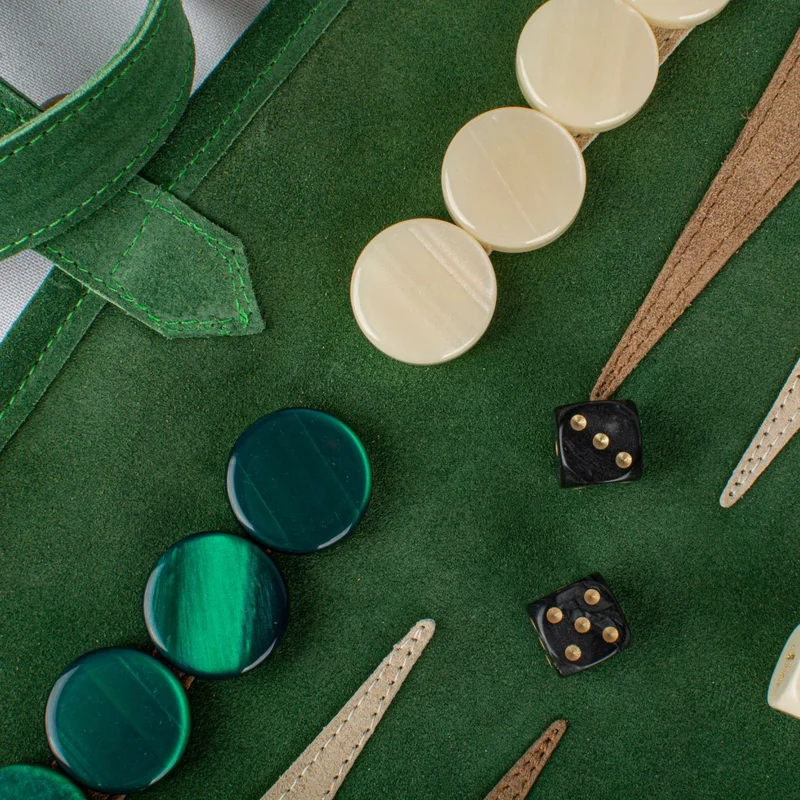 Backgammon de voyage - Roulable - Cuir Velours - Vert