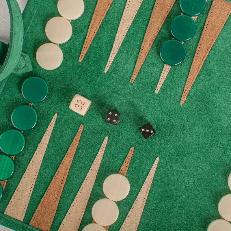 Backgammon de voyage - Roulable - Cuir Velours - Vert