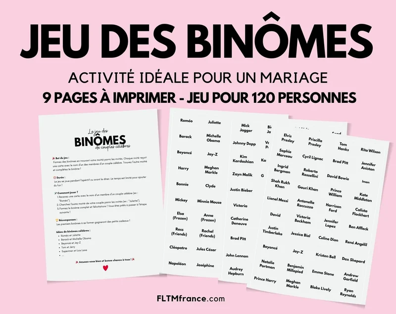 Jeu des binômes de couples célèbres - Jeu de mariage