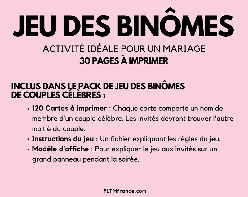 Jeu des binômes de couples célèbres - Jeu de mariage