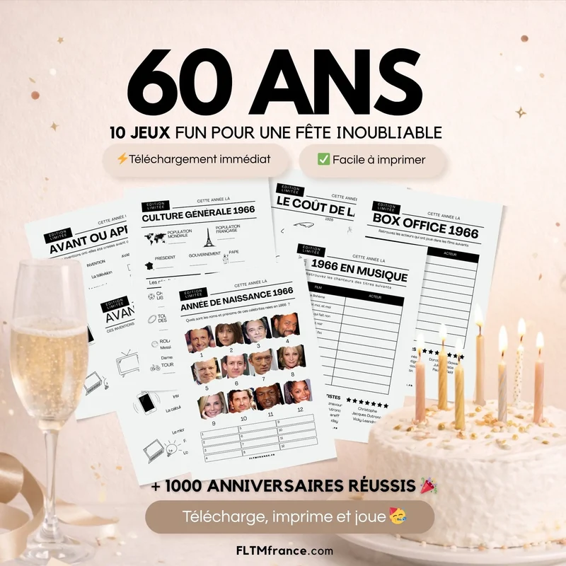 Jeu anniversaire 60 ans à imprimer : 10 jeux fun pour une soirée inoubliable
