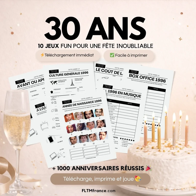 Jeu anniversaire 30 ans à imprimer : 10 jeux fun pour une soirée inoubliable