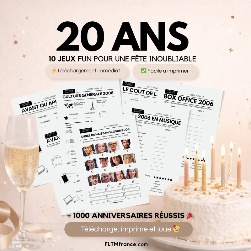 Jeu anniversaire 20 ans à imprimer : 10 jeux fun pour une soirée inoubliable