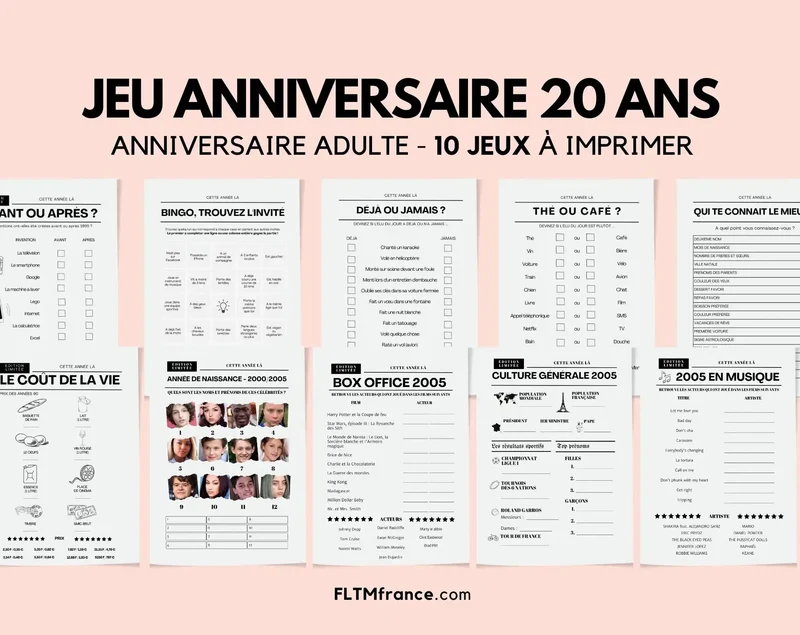 Jeu anniversaire 20 ans à imprimer : 10 jeux fun pour une soirée inoubliable