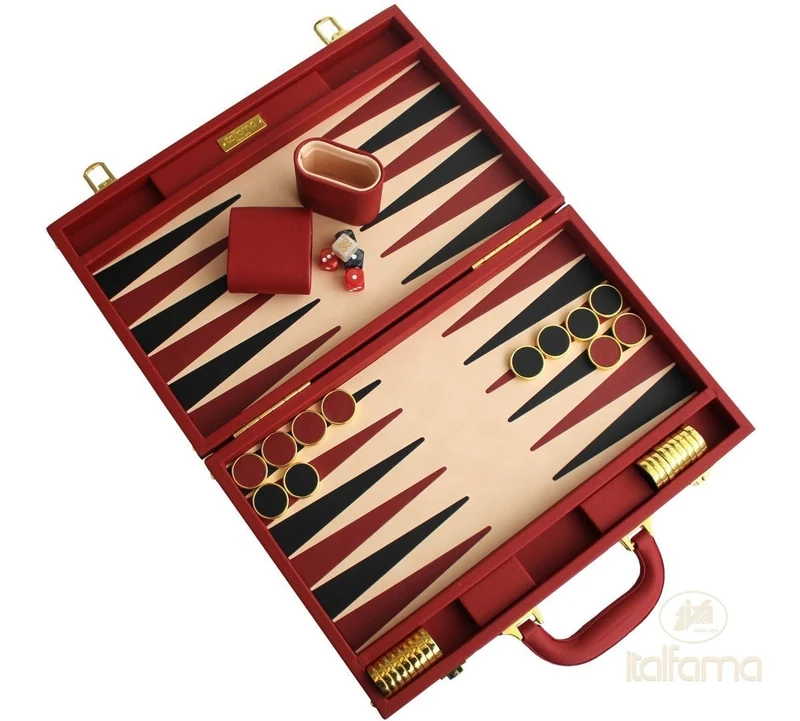 Backgammon luxe style cuir / pions cerclés dorés MM - Rouge